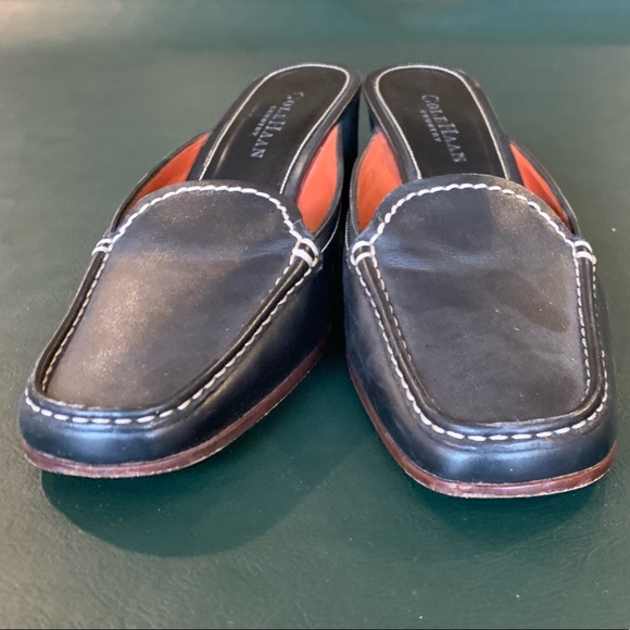 Cole Haan Square Toe Black Leather Loafer Mules w Wooden Stacked Low Heel Size 8 - Picture 10 of 16